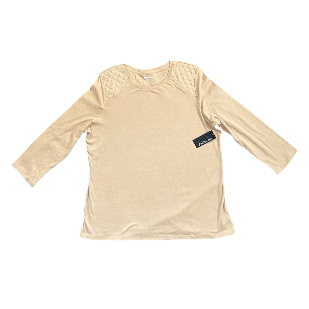 NWT Kim Rogers Womens Beige Long Sleeve 100% Cotton Quilted Shoulder Top XL